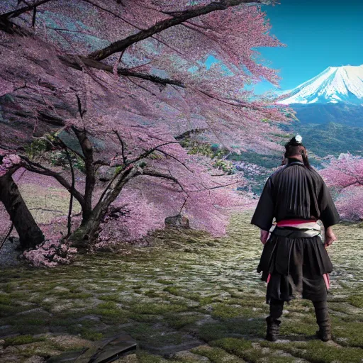 Prompt: highly detailed samurai with katana standing in ruined Japanese village, cherry blossom trees, mountains in background, epic, photorealistic, 8k octane render