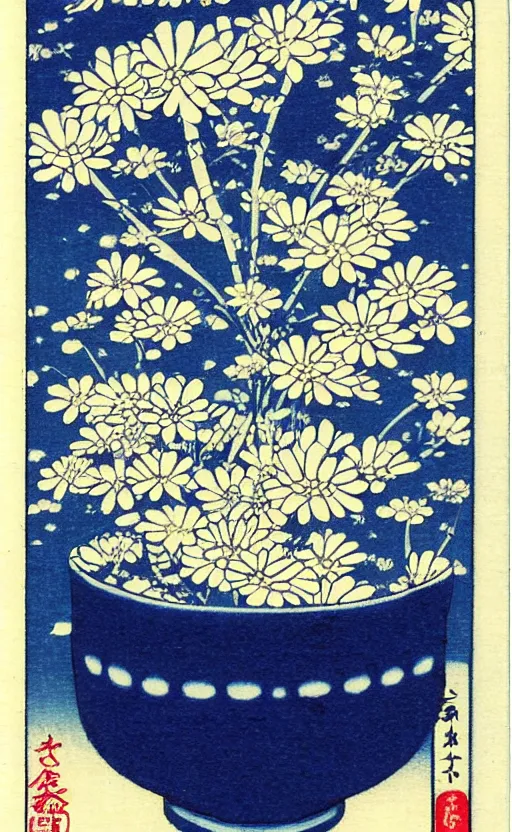 Prompt: by akio watanabe, manga art, chrysanthemum flower inside blue and white japanese sake cup, trading card front
