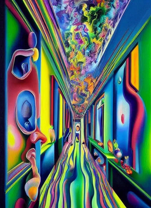 Prompt: an extremely high quality hd surrealism painting of a 3d slow-shutter galactic neon complimentary colored cartoon surrealism melting optical illusion hallway with melting frames!! by a much more skilled version of kandinskypicasso and salvia dali the fourth, salvador dali's much much much much more talented painter cousin, 4k, ultra realistic, super realistic, so realistic that it changes your life and god is fired