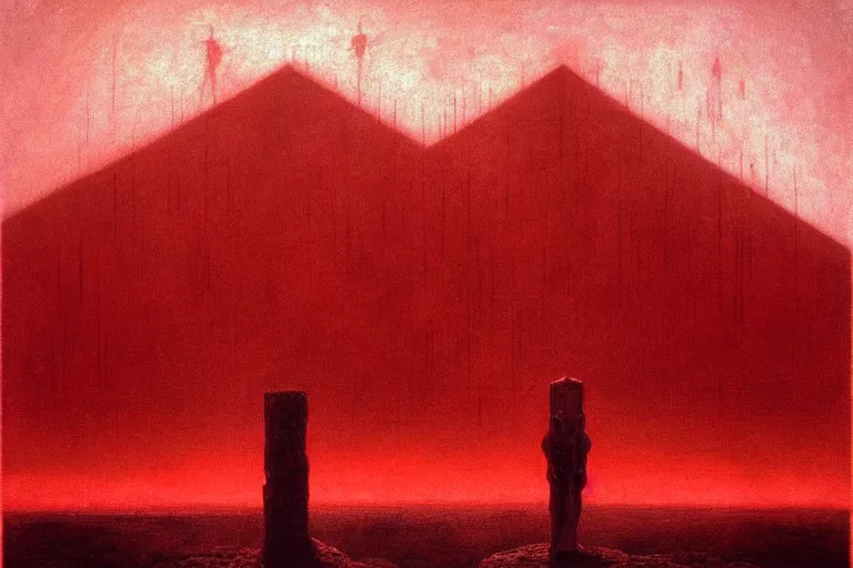 Image similar to only with red, caesar, in hoc signo vinces, rome on background, an ancient path, in the style of beksinski, part by hopper, part by rodcenko, part by hofbauer, intricate composition, red by caravaggio, insanely quality, highly detailed, masterpiece, red light, artstation