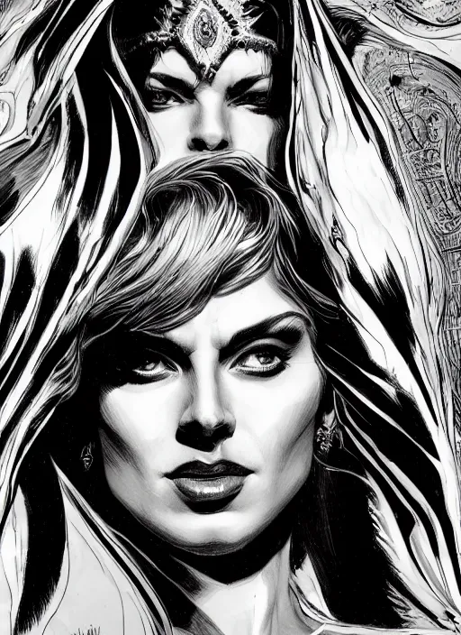 Image similar to portrait, queen of eternal beauty and Power, black and white comic panel, cover Art, Dynamic lighting, cinematic, establishing shot, extremely high detail, photo realistic, cinematic lighting, pen and ink, intricate line drawings, post processed, concept art, artstation, matte painting, midjourney, style by alex ross, neal adam