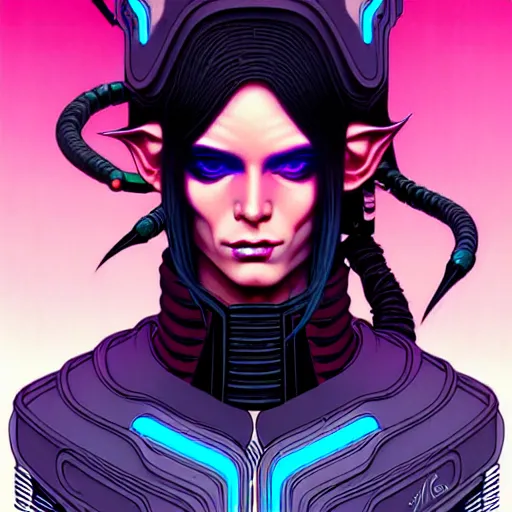 Image similar to portrait painting of a cyberpunk androgynous elf with beautiful flowing black hair and eyes, sharp focus, award - winning, trending on artstation, masterpiece, highly detailed, intricate. art by josan gonzales and moebius and deathburger