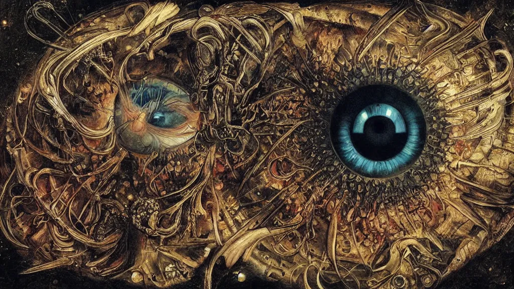 Prompt: a beautiful dreamy painting of a coronavirus inside a broken television screen, evil eye, dark, sinister, detailed, high contrast, art by Ernst Haeckel and Greg Rutkowski