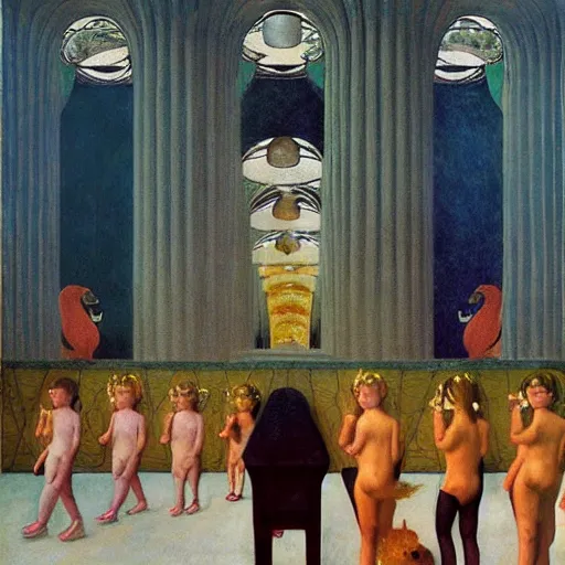 Prompt: a procession of animals in a giant temple, hyperrealistic film still by gottfried helnwein, by klimt, by paolo uccello, art nouveau, highly detailed, lights by edward hopper, liminal, eerie, metaphysical, bright pastel colors,