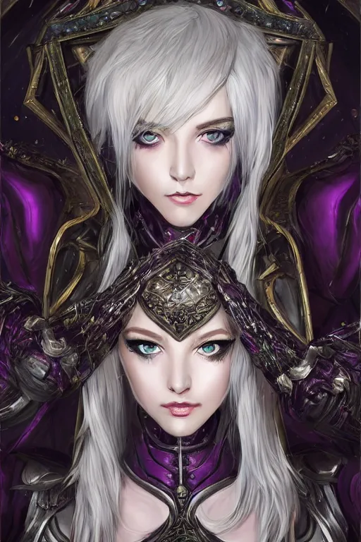 Image similar to portrait evilly white hair knights of Zodiac girl, metalic deep purple and black reflected armor, in ruined Agora of Athens thunder sparkling flash night, ssci-fi, fantasy, intricate, very very beautiful, elegant, highly detailed, digital painting, artstation, concept art, smooth, sharp focus, illustration, art by tian zi and WLOP and alphonse mucha