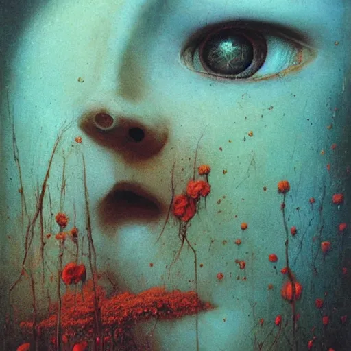 Image similar to beksinski, zdzisław - her eyes wide, oil on canvas