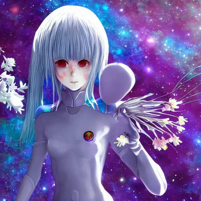 Image similar to rei ayanami, deep space, seascape, grimes, silver hair, shikinami asuka langley, card captor sakura, bunny ears, cosmos, psychedelic flowers, black opal, rainbow aura quartz, organic, oni compound artwork, of character, render, artstation, portrait, wizard, beeple, art, fantasy, epcot, psychedelic glitchcore