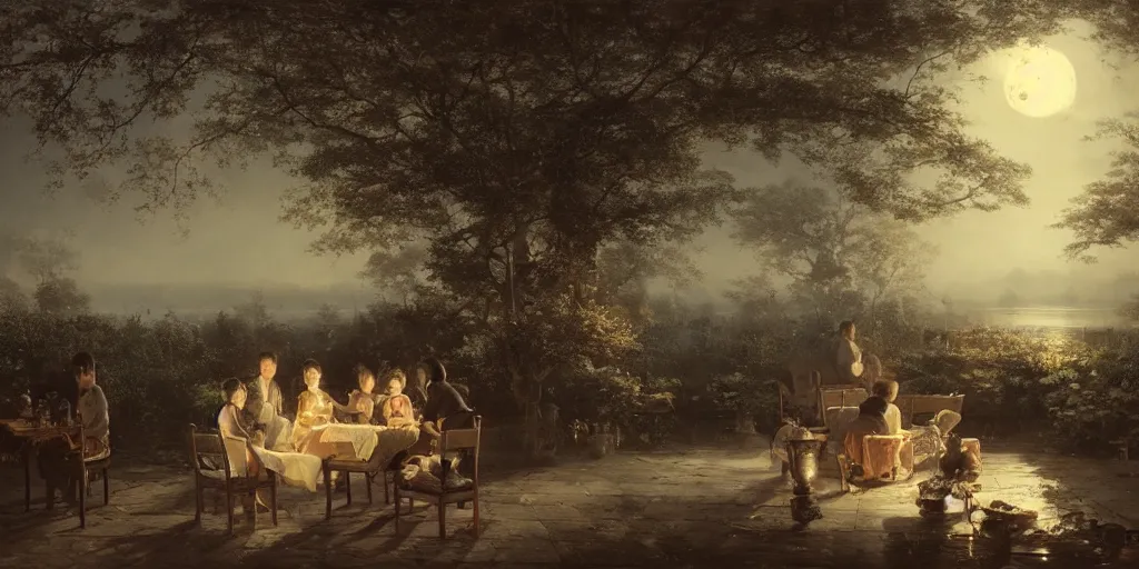 Prompt: an asian outdoor garden, family sitting at dining table center frames, full moon on the sky, the night is late, by andreas achenbach, artgerm, mikko lagerstedt, zack snyder, tokujin yoshioka