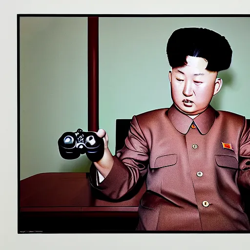 Image similar to hyperralism araki hobuyoshi style photography of detailed north korean kim chen with perfect face playing xbox in basement bedroom