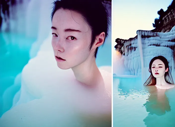 Prompt: Kodak Portra 400, 8K, soft light, volumetric lighting, highly detailed, portrait photo of Rena Nounen by WLOP, the face emerges from a Pamukkale, thermal waters flowing down white travertine terraces with lotus flowers, inspired by Ophelia paint , blue shirt and hair are intricate with highly detailed realistic beautiful flowers , Realistic, Refined, Highly Detailed, ethereal lighting colors scheme, outdoor fine art photography, Hyper realistic, photo realistic, masterpiece