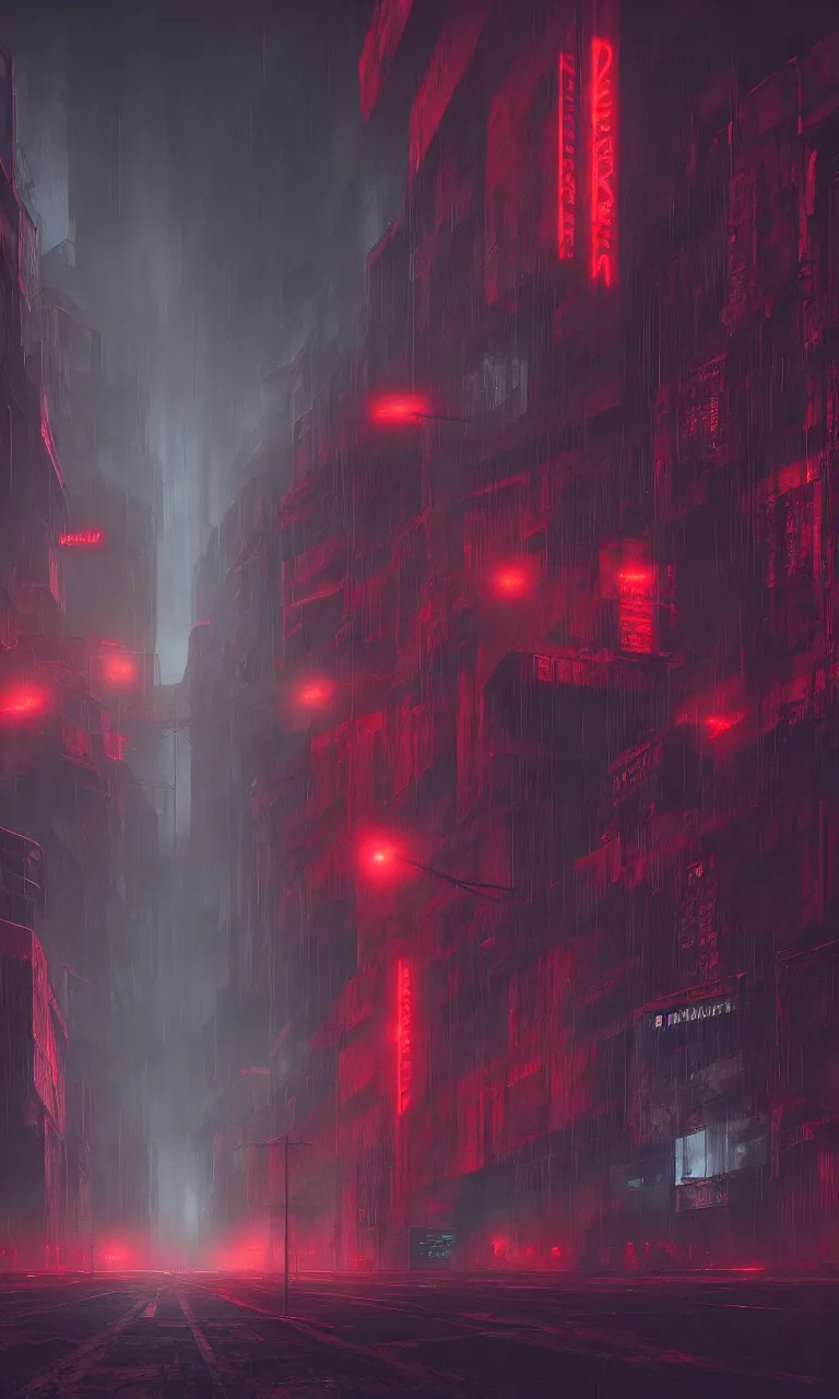 Image similar to Matte painting of dark brutalist cyberpunk cathedral with red neon signs, abandoned streets, cityscape, dark sky, hyper realism, fog, 8k, trending on artstation