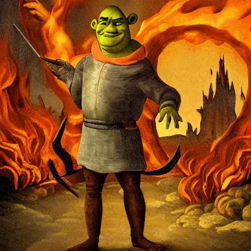 Image similar to baroque oil painting of shrek standing in hell, overcast, evil, lava and fire