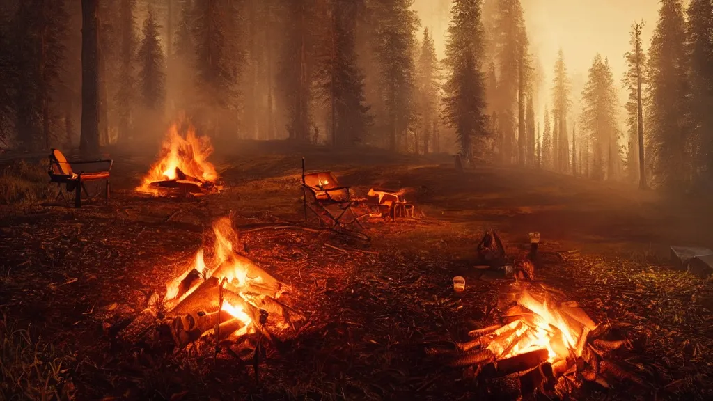 Image similar to beautiful closeup render of a campfire, unreal engine, smoke, sparks, night, soft light, forest, hut, camp, aurora by greg rutkowski, cgsociety