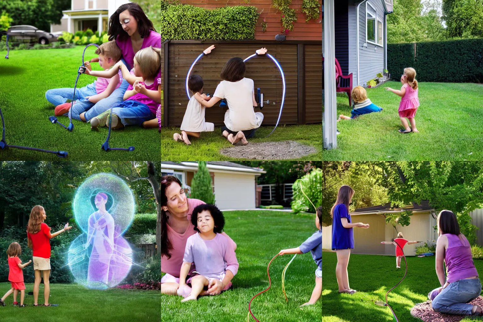 Prompt: a mother watching her children play in the yard. An ethereal cable connects her to each of them