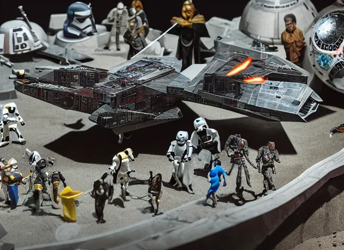 Image similar to a detailed photo of a diorama with star wars toys, macro photography, zoom