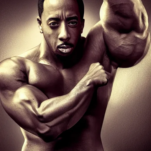 Image similar to ludacris with the physique of a body builder, hyper realistic, ultra detailed, cinematic, dynamic lighting, photorealistic, refined, intricate, digital art, digital painting, masterpiece, 8k