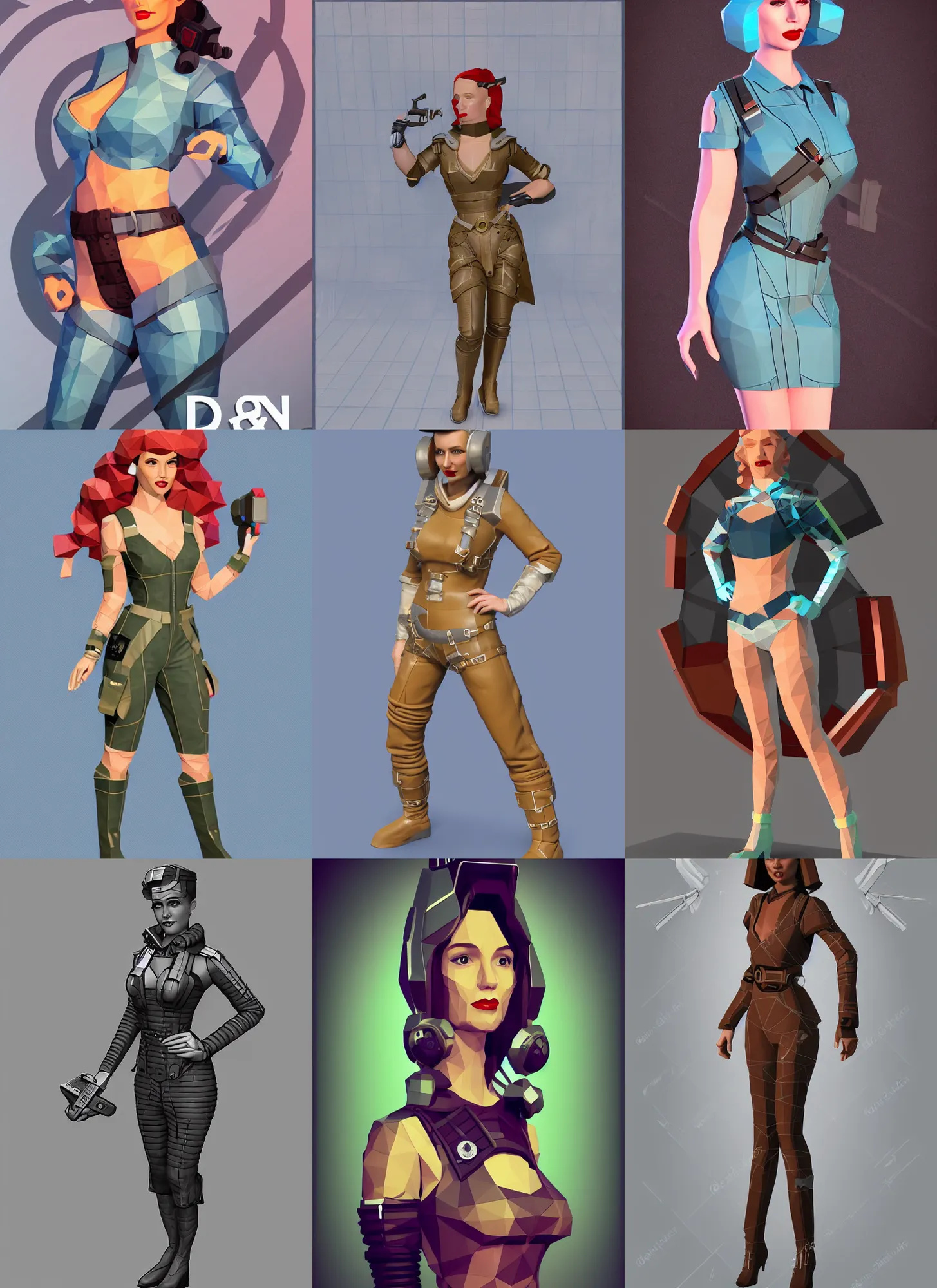 Prompt: d & d style retro sci - fi pilot pinup beautiful face and wearing full detailed clothing, lowpoly