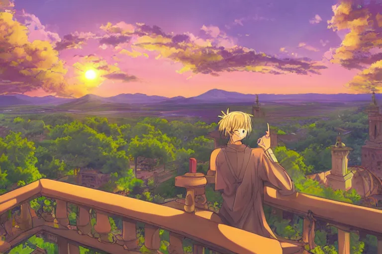 Prompt: anime digital art view from castle balcony sunset