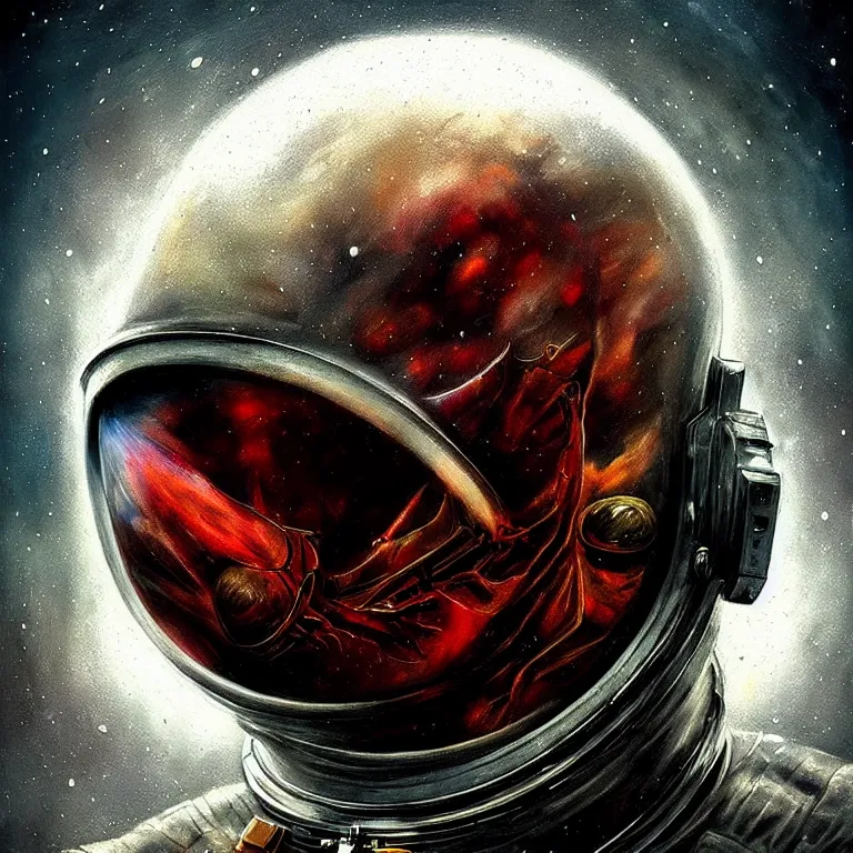 Image similar to epic professional digital art of tormented falling astronaut helmet closeup, painted,, terror, leesha hannigan, wayne haag, reyna rochin, ignacio fernandez rios, mark ryden, iris van herpen, best on artstation, best on cgsociety, epic, stunning, gorgeous, much wow, cinematic, masterpiece