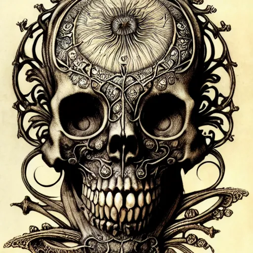 Image similar to memento mori by arthur rackham, art forms of nature by ernst haeckel, exquisitely detailed, art nouveau, gothic, ornately carved beautiful skull mask dominant, intricately carved antique bone, art nouveau botanicals, ornamental bone carving, art forms of nature by ernst haeckel, horizontal symmetry, ernst haeckel, symbolist, visionary