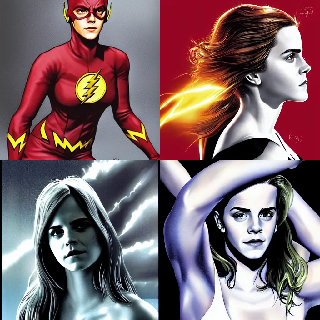 Prompt: Emma Watson as The Flash, digital painting, digital art by brian bolland by alex ross