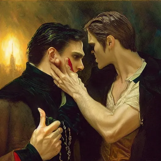 Image similar to attractive male, arthur pendragon confesses his love to attractive male dracula the vampire. highly detailed painting by gaston bussiere, craig mullins, j. c. leyendecker 8 k