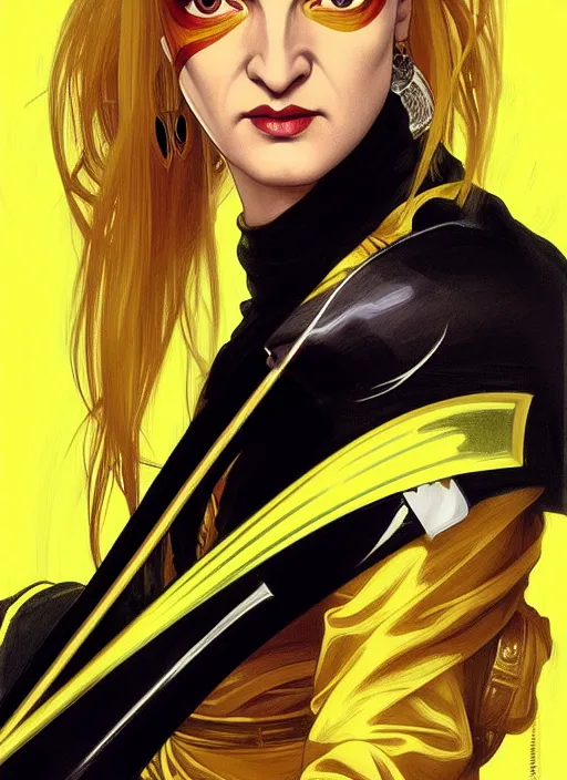 Image similar to uma thurman in kill bill, majestic sword warrior, rococo and art nouveau fusion, swinging reflective katana, yellow jumpsuit with black stripe, highly detailed, deep focus, elegant, digital painting, smooth, sharp focus, illustration, ultra realistic, japanese art by artgerm and alphonse mucha