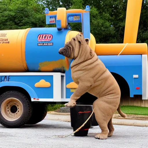 Image similar to sharpei dog driving a cement truck