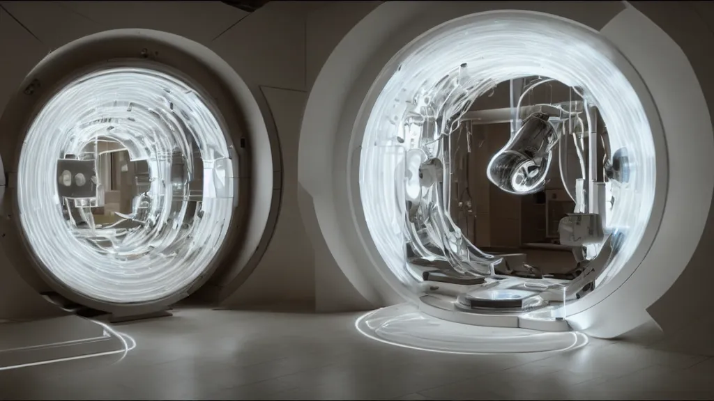 Prompt: an mri image open mri machine portal in the living room, film still from the movie directed by denis villeneuve with art direction by salvador dali, wide lens