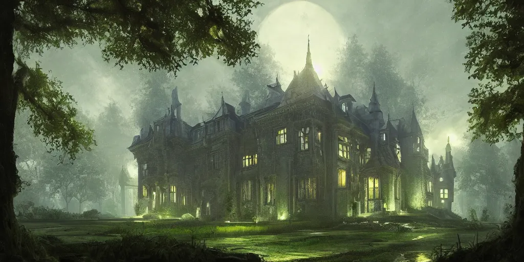 Image similar to beautiful render of a manor in the middle of the forest, unreal engine,, at night, medieval!!!!, green, dark blue!!!!, bright, artstation, detailled, manga!!!, fantasy!!!!!! by greg rutkowski