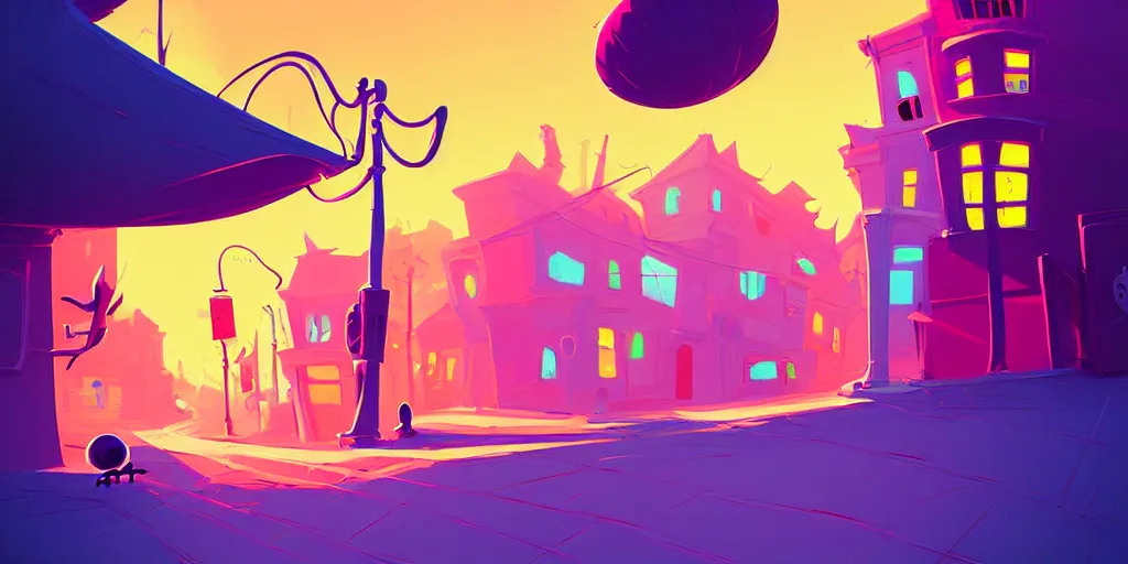 Image similar to curved perspective digital art of a summer small town street from nightmare before christmas by anton fadeev