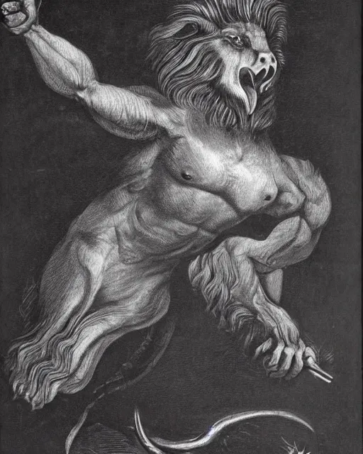 Image similar to a creature with the body and eyes of a man, with the beak of an eagle, the mane of a lion, and the horns of an ox. drawn by francis bacon