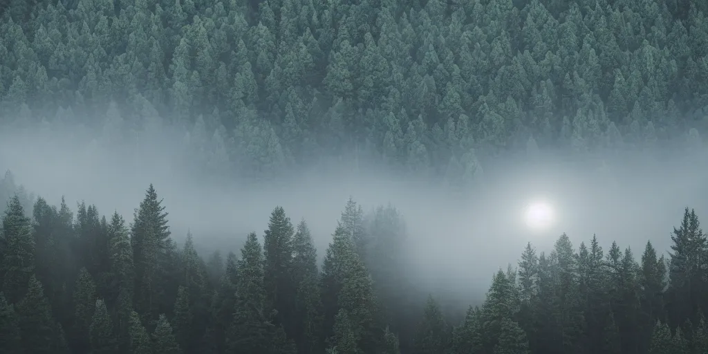 Image similar to moonlit night, forested mountains, cold light, dense forest, overhead view, fog