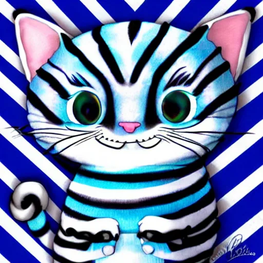 Image similar to cute blue striped cheshire cat. an adorable cat with light blue stripes, blue eyes and a mischievous smile. stunning digital art by eva balloon. fluffy, soft