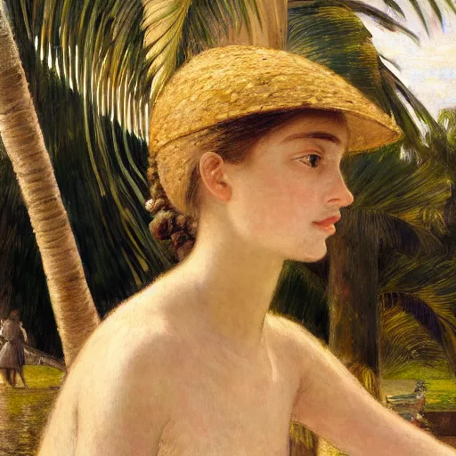 Image similar to a ultradetailed beautiful painting of a girl in the amazonas palace balustrade designed by jules bastien - lepage, tarsila do amaral, frank weston and gustave baumann, beach, trending on artstation, mediterranean, palm trees, hyper detailed face, sharp focus, soft light, 8 k 4 k