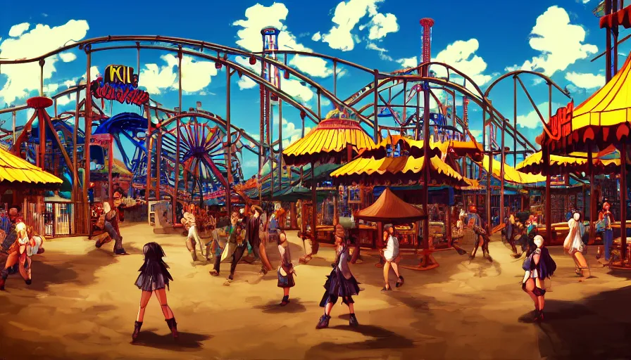 Prompt: concept art from a amusement park on a old civilization as a scenario background of kof snk 2 0 0 0 by jama jurabaev, cel shaded, cinematic shot, trending on artstation, high quality, brush stroke, amusement park on a old civilization