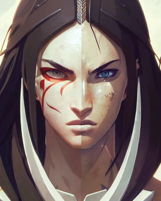 Image similar to azctec warrior, megan fox, detailed perfect face, exquisite details, fire magic, mid view, design on a white background, by studio muti, greg rutkowski makoto shinkai takashi takeuchi studio ghibli