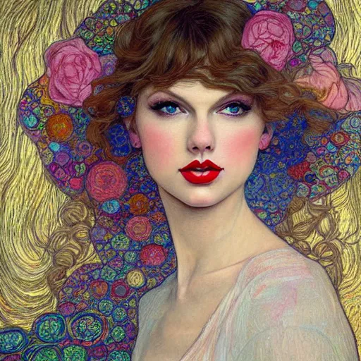 Prompt: romantic painted portrait of taylor swift by james jean!!!, mucha, klimt