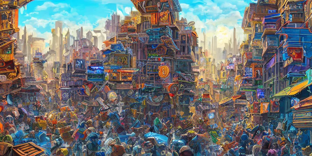 Prompt: A hyperrealistic painting of a busy d&d city, view from the street, blue skies, vibrant colors, high contrast, ultra high detail