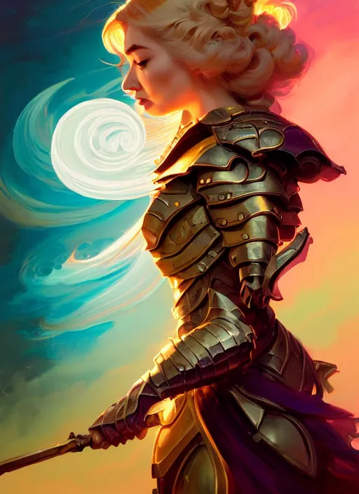 Prompt: side portrait, imogen poots, paladin, fantasy armor, gloomhaven, soft, smooth, luminescent, colorful swirly ripples, gaudy colors, by greg manchess, huang guangjian, gil elvgren, sachin teng, greg rutkowski, jesper ejsing, rhads, ilya kuvshinov, cushart krenz