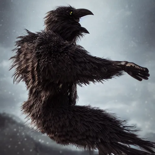 Image similar to Crow Fur-suit at furry convention, photo, center composition, Estrel Hotel, hyperrealistic, beautiful detailed intricate insanely detailed octane render trending on Artstation, trending on DeviantArt, 8K artistic photography, photorealistic, dramatic volumetric cinematic perfect light, award-winning photograph, masterpiece,