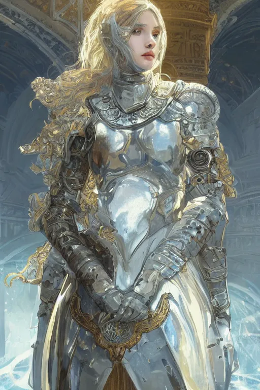 Image similar to portrait knights of Zodiac girl, silver and ice color reflected armor, in ruined Agora of Athens, ssci-fi, fantasy, intricate, very very beautiful, elegant, golden light, highly detailed, digital painting, artstation, concept art, smooth, sharp focus, illustration, art by WLOP and tian zi and alphonse mucha