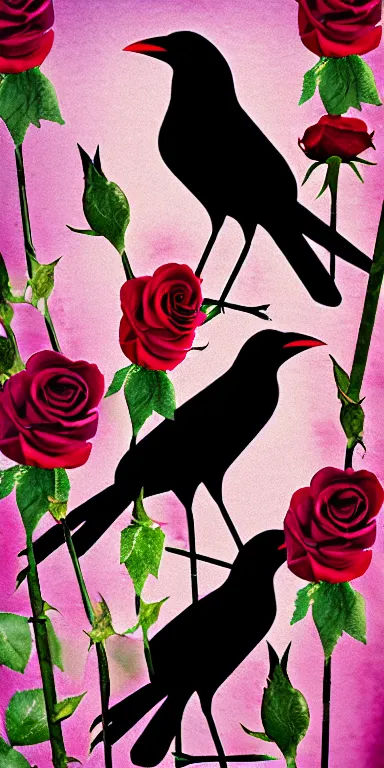 Image similar to crows made out of roses, rose crows, flower crows, crows made of flowers, muted tones, album artwork, expressionist, serene,