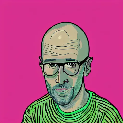 Image similar to bald skinny man in a pink t - shirt and pink pants, digital art