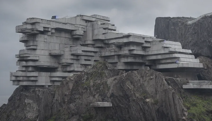 Image similar to big brutalist imperial military base on cliffs, drawing architecture, very long shot, top angle, imperial architecture in rogue one, pritzker architecture prize, brutalism architecture, jan urschel, roger deakins, greig fraser