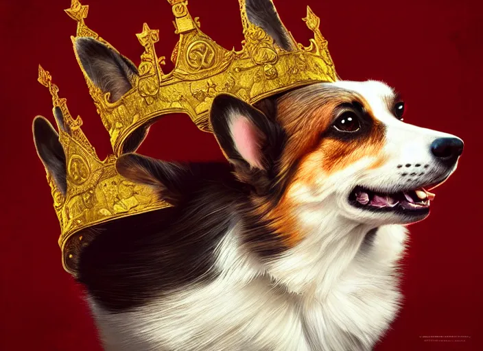 Image similar to highly detailed illustration of a portrait of a regal corgi wearing a crown, artstation, cinematic lighting, hyperdetailed, cgsociety, 8k, high resolution, Charlie Bowater, Tom Bagshaw, Norman Rockwell, insanely detailed and intricate