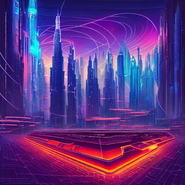 Image similar to futuristic cubes!!!!!! connected with glowing wires, centered, symmetry, painted, intricate, volumetric lighting, beautiful, rich deep colors masterpiece, sharp focus, ultra detailed, in the style of dan mumford and marc simonetti, with a clear crowded futuristic cyberpunk dubai city in the background, astrophotography