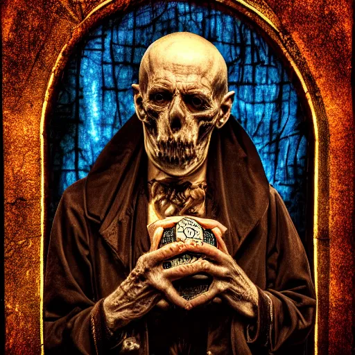 Prompt: a cursed photograph of a old necromancer, horror, award winning photography, hdr, studio lighting medium close shot, mucha style,