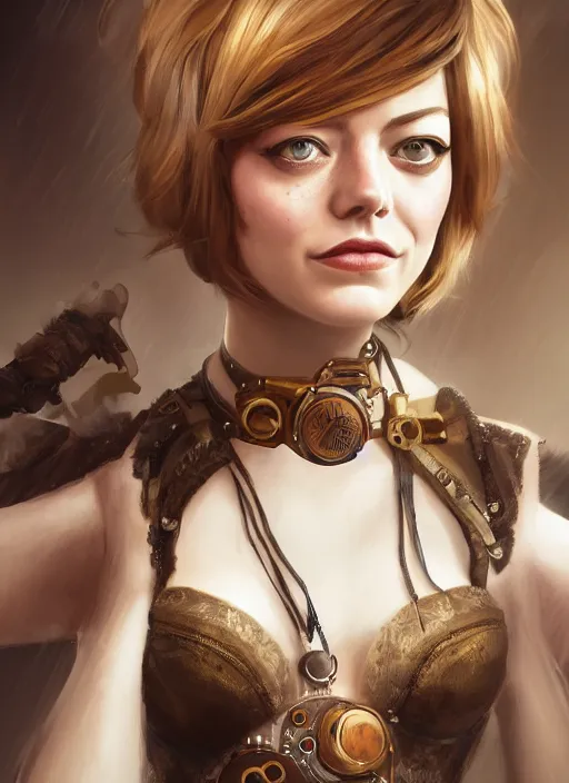 Image similar to steampunk portrait of Emma Stone, au naturel, hyper detailed, digital art, trending in artstation, cinematic lighting, studio quality, smooth render, unreal engine 5 rendered, octane rendered, art style by klimt and nixeu and ian sprigger and wlop and krenz cushart
