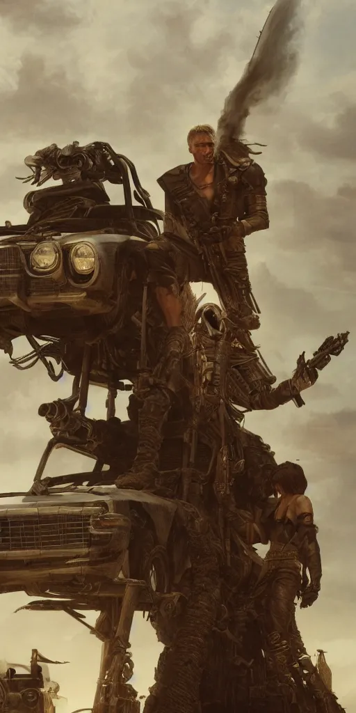 Prompt: mad max, masterpiece by Edgar Maxence and Ross Tran and Michael Whelan, 8k, octane render